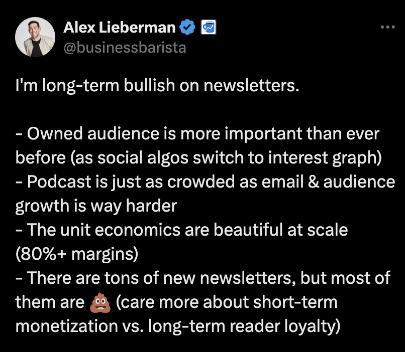 Alex Lieberman 关于通讯和受众建设的帖子截图